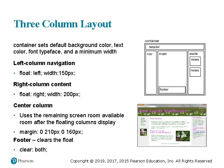 Three Column Layout container sets default background color, text color, font typeface, and a