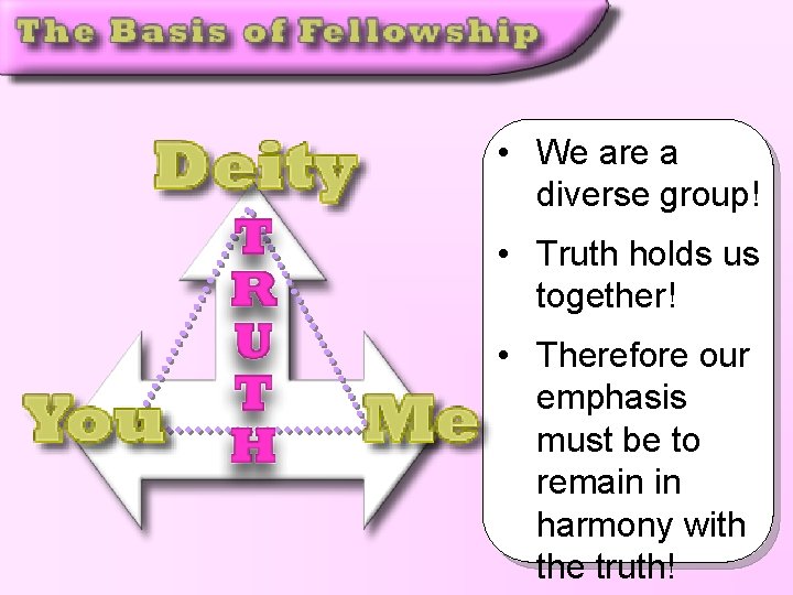 • We are a diverse group! • Truth holds us together! • Therefore