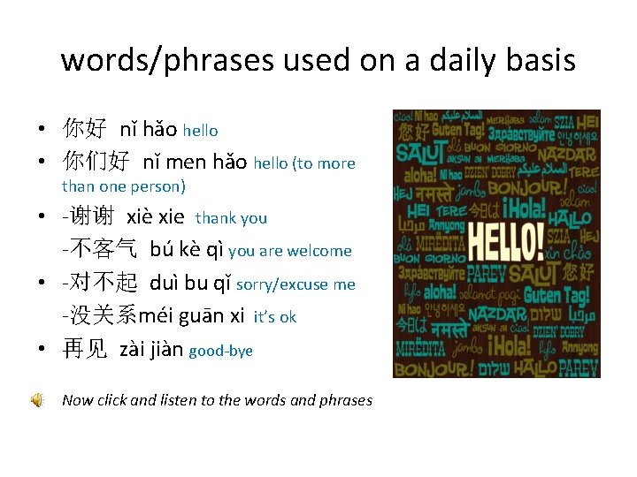 words/phrases used on a daily basis • 你好 nǐ hǎo hello • 你们好 nǐ