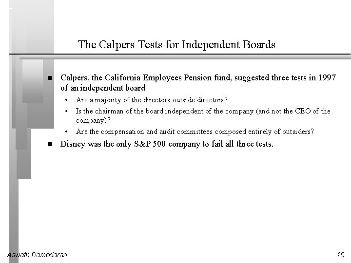 The Calpers Tests for Independent Boards Calpers, the California Employees Pension fund, suggested three