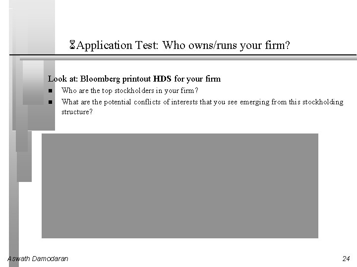 6 Application Test: Who owns/runs your firm? Look at: Bloomberg printout HDS for your