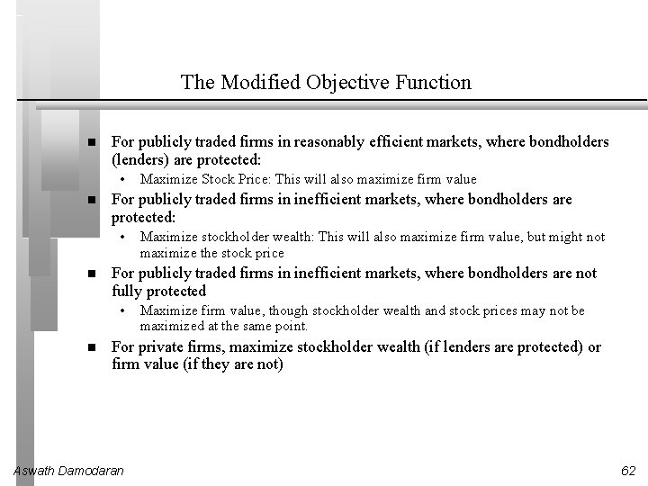 The Modified Objective Function For publicly traded firms in reasonably efficient markets, where bondholders