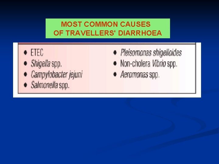 MOST COMMON CAUSES OF TRAVELLERS' DIARRHOEA 