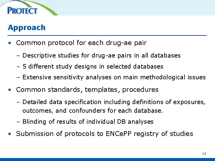 Approach • Common protocol for each drug-ae pair – Descriptive studies for drug-ae pairs