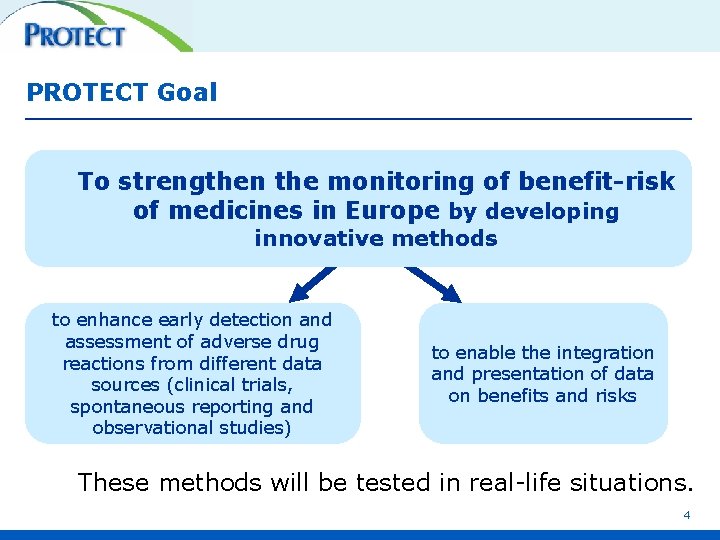 PROTECT Goal To strengthen the monitoring of benefit-risk of medicines in Europe by developing