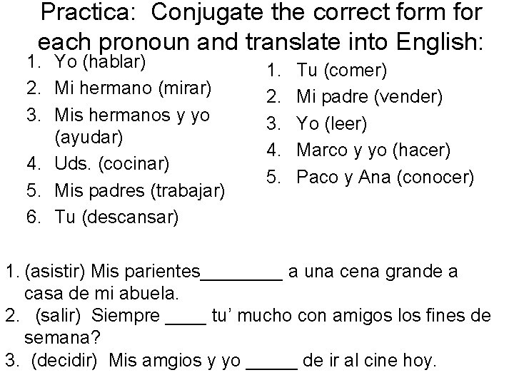 Practica: Conjugate the correct form for each pronoun and translate into English: 1. Yo