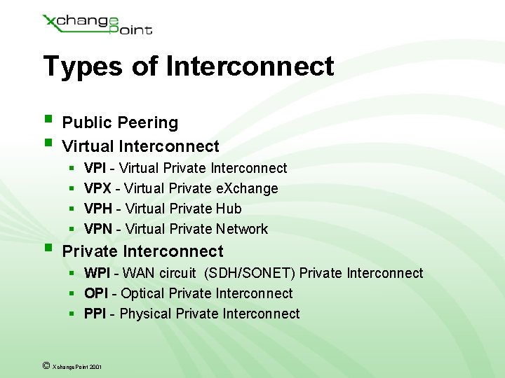 Types of Interconnect § Public Peering § Virtual Interconnect § § VPI - Virtual
