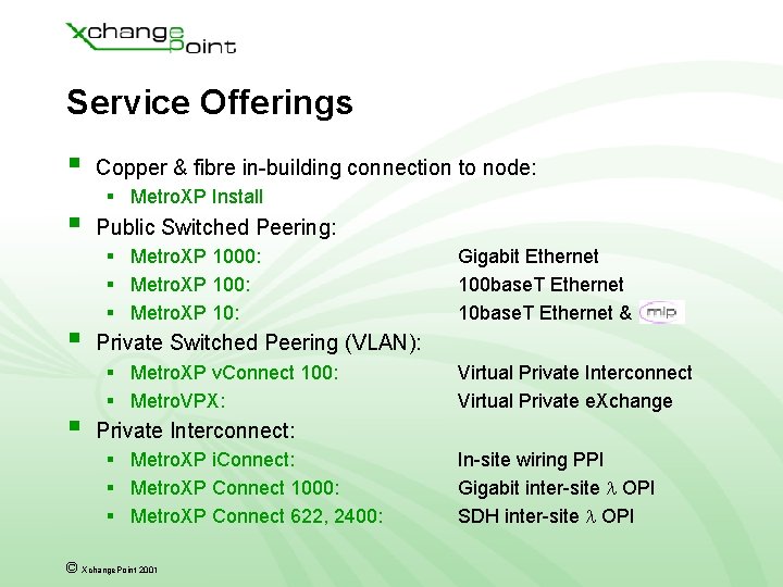 Service Offerings § § Copper & fibre in-building connection to node: § Metro. XP