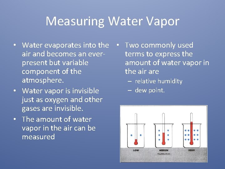 Measuring Water Vapor • Water evaporates into the • Two commonly used air and