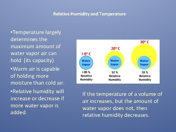 Relative Humidity and Temperature • Temperature largely determines the maximum amount of water vapor