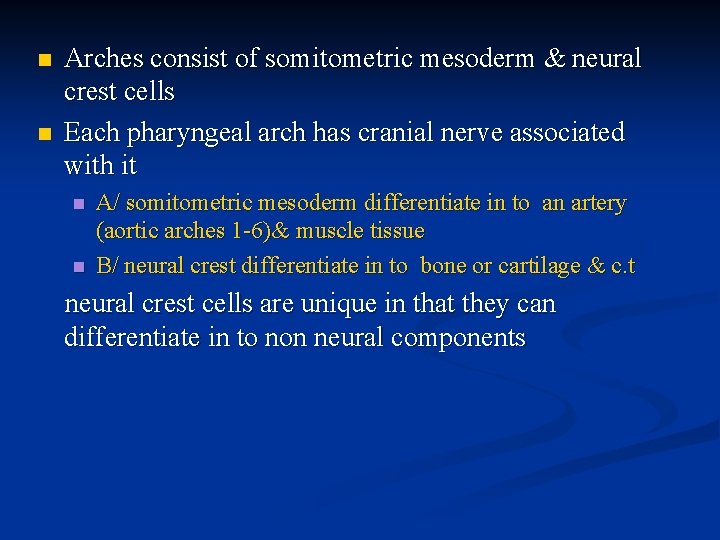n n Arches consist of somitometric mesoderm & neural crest cells Each pharyngeal arch