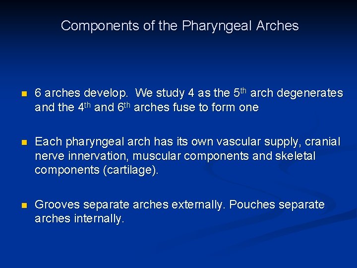 Components of the Pharyngeal Arches n 6 arches develop. We study 4 as the