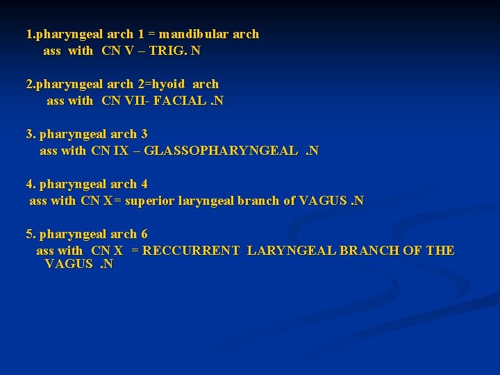 1. pharyngeal arch 1 = mandibular arch ass with CN V – TRIG. N