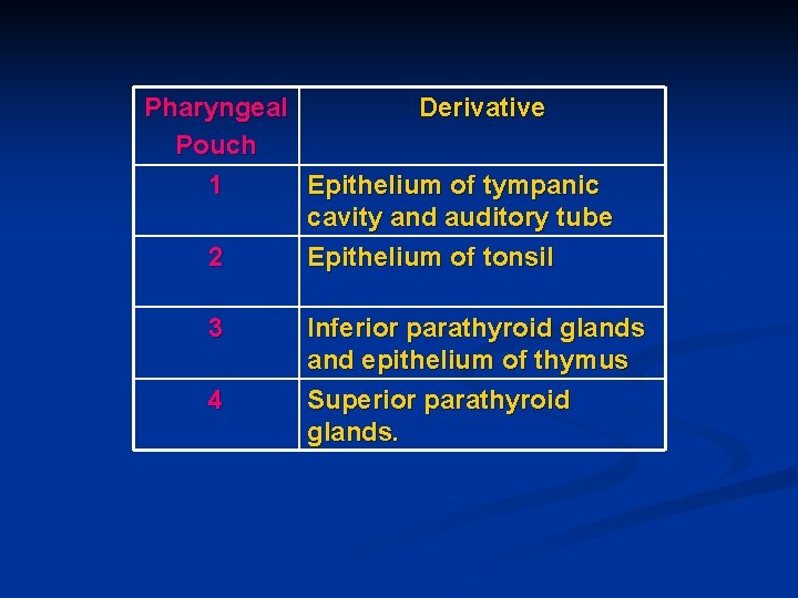 Pharyngeal Derivative Pouch 1 Epithelium of tympanic cavity and auditory tube 2 Epithelium of
