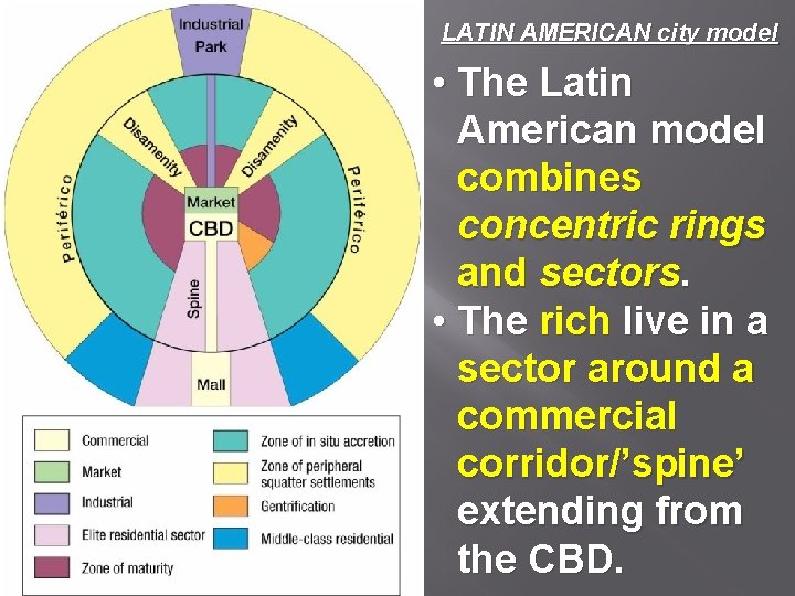 LATIN AMERICAN city model • The Latin American model combines concentric rings and sectors.