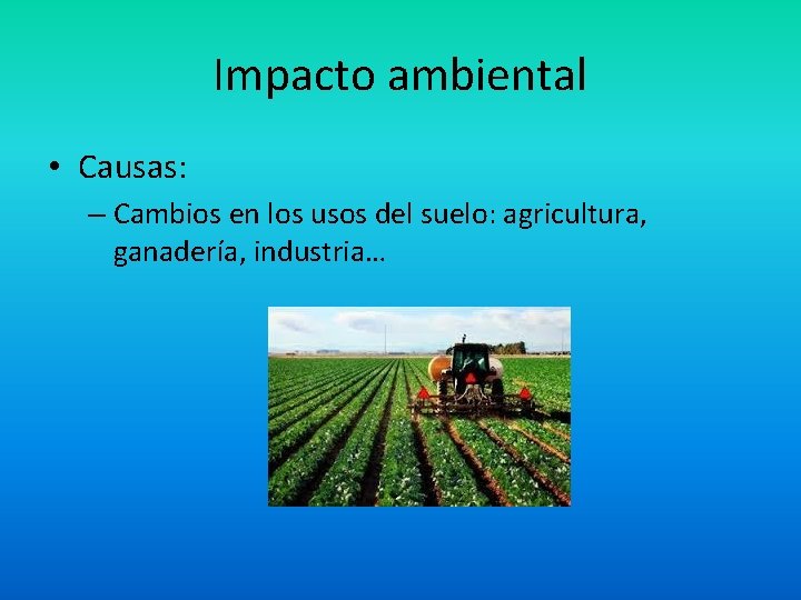 Impacto ambiental • Causas: – Cambios en los usos del suelo: agricultura, ganadería, industria…