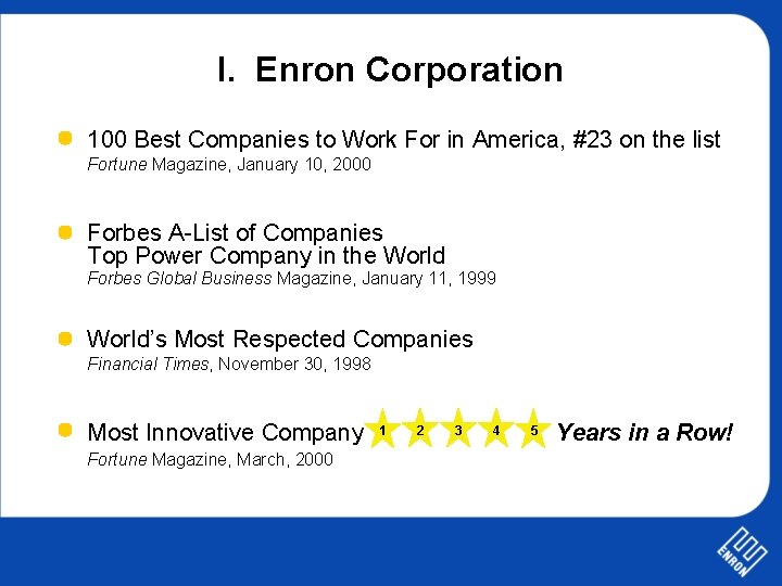 I. Enron Corporation 1 100 Best Companies to Work For in America, #23 on