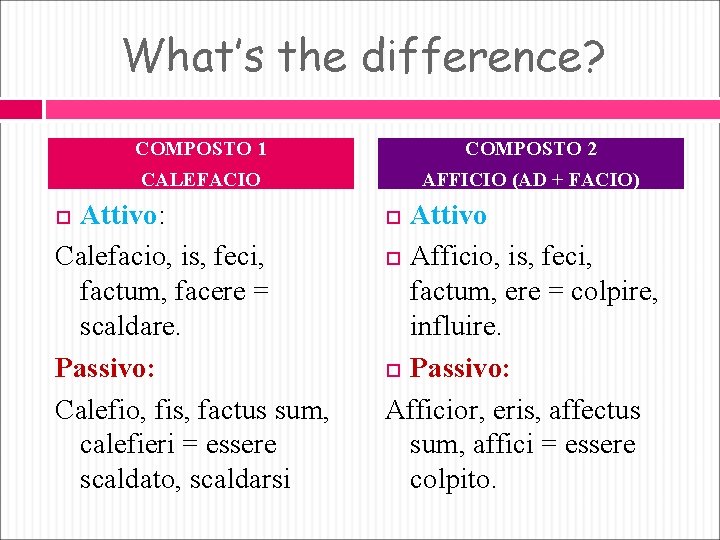 What’s the difference? COMPOSTO 1 COMPOSTO 2 CALEFACIO AFFICIO (AD + FACIO) Attivo: Calefacio,