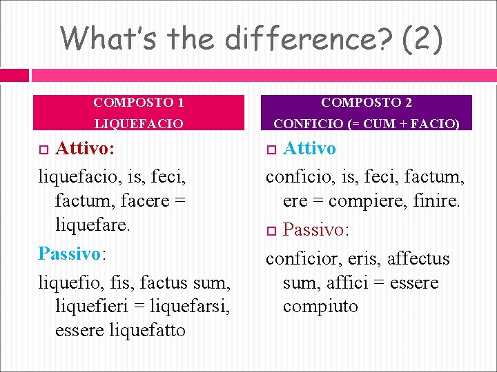What’s the difference? (2) COMPOSTO 1 COMPOSTO 2 LIQUEFACIO CONFICIO (= CUM + FACIO)