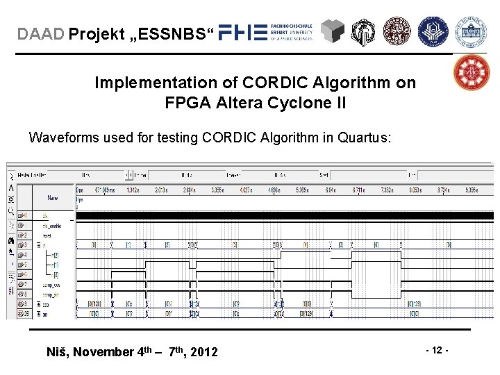 DAAD Projekt „ESSNBS“ Implementation of CORDIC Algorithm on FPGA Altera Cyclone II Waveforms used DAAD Projekt „ESSNBS“ Implementation of CORDIC Algorithm on FPGA Altera Cyclone II Waveforms used