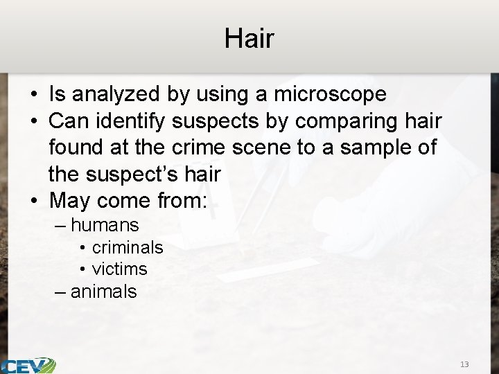 Hair • Is analyzed by using a microscope • Can identify suspects by comparing