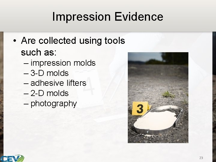 Impression Evidence • Are collected using tools such as: – impression molds – 3
