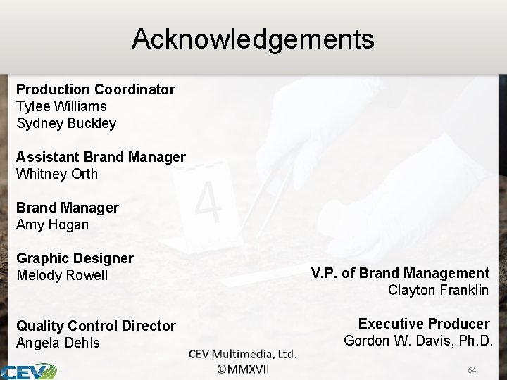 Acknowledgements Production Coordinator Tylee Williams Sydney Buckley Assistant Brand Manager Whitney Orth Brand Manager