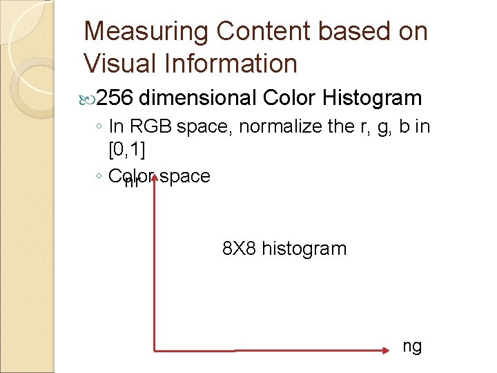 Measuring Content based on Visual Information 256 dimensional Color Histogram ◦ In RGB space,
