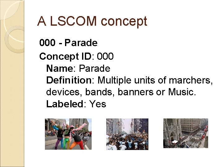 A LSCOM concept 000 - Parade Concept ID: 000 Name: Parade Definition: Multiple units