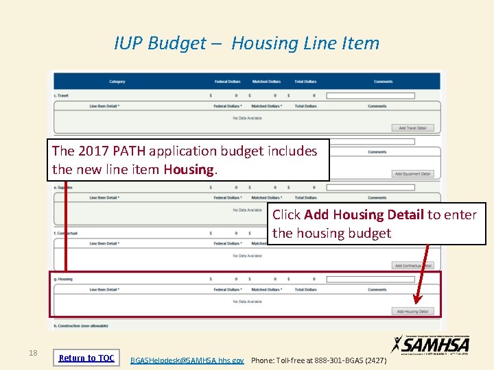 IUP Budget – Housing Line Item The 2017 PATH application budget includes the new