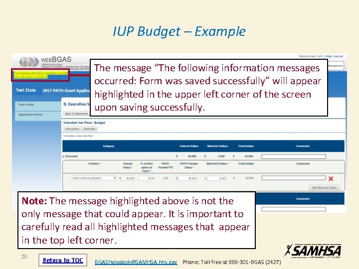 IUP Budget – Example The message “The following information messages occurred: Form was saved