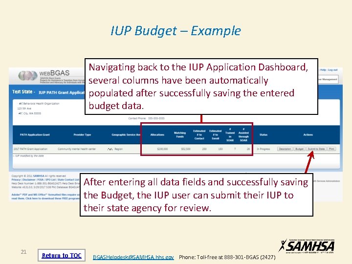 IUP Budget – Example Navigating back to the IUP Application Dashboard, several columns have