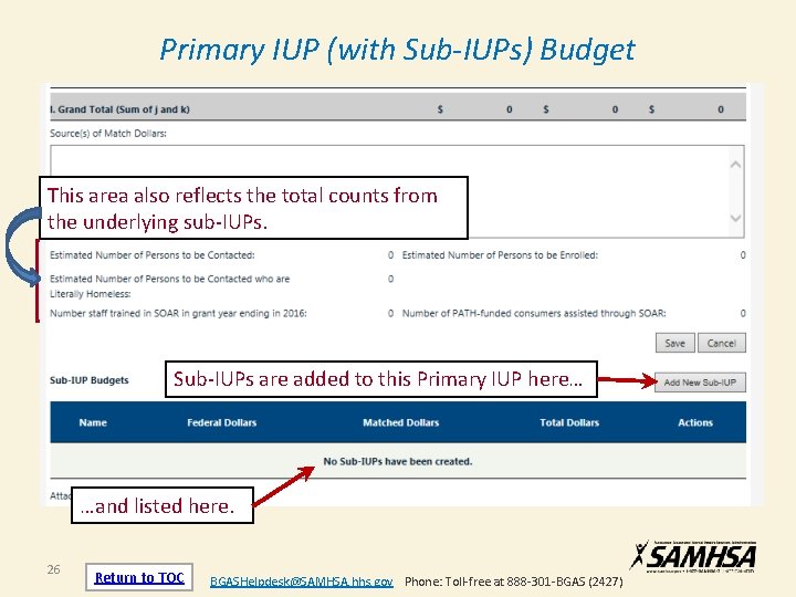 Primary IUP (with Sub-IUPs) Budget This area also reflects the total counts from the