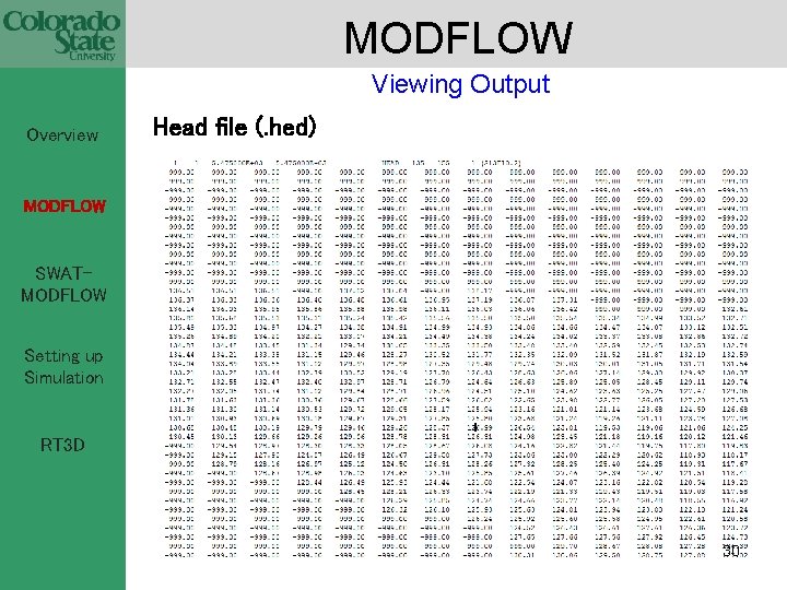MODFLOW Viewing Output Overview Head file (. hed) MODFLOW SWATMODFLOW Setting up Simulation RT