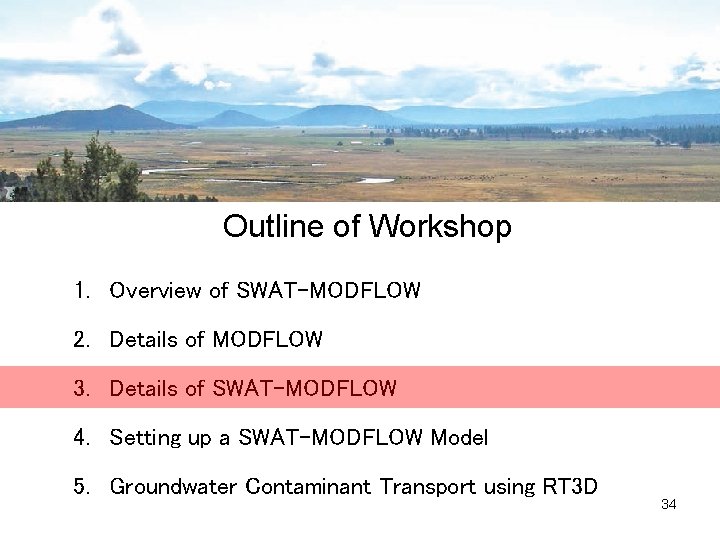 Outline of Workshop 1. Overview of SWAT-MODFLOW 2. Details of MODFLOW 3. Details of