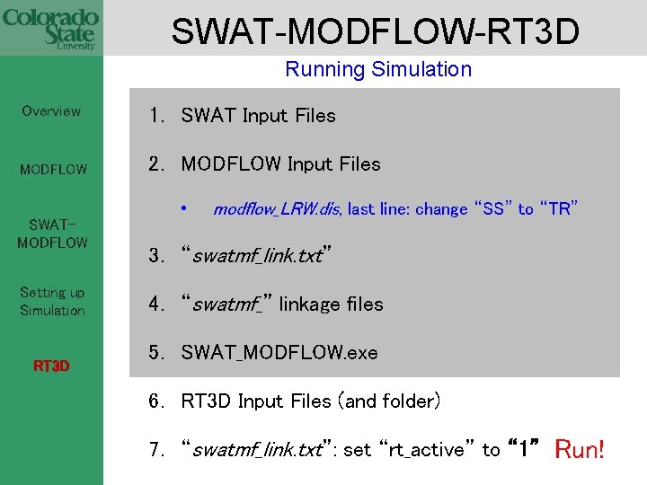 SWAT-MODFLOW-RT 3 D Running Simulation Overview 1. SWAT Input Files MODFLOW 2. MODFLOW Input