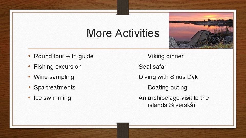 More Activities • • • Round tour with guide Viking dinner Fishing excursion Seal