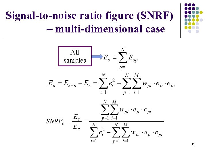 Signal-to-noise ratio figure (SNRF) – multi-dimensional case All samples 15 