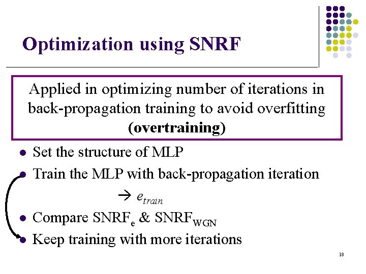Optimization using SNRF Applied in optimizing number of iterations in back-propagation training to avoid