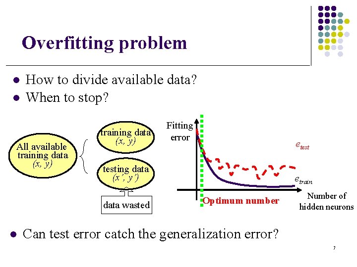 Overfitting problem l l How to divide available data? When to stop? All available