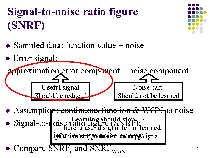 Signal-to-noise ratio figure (SNRF) Sampled data: function value + noise l Error signal: approximation