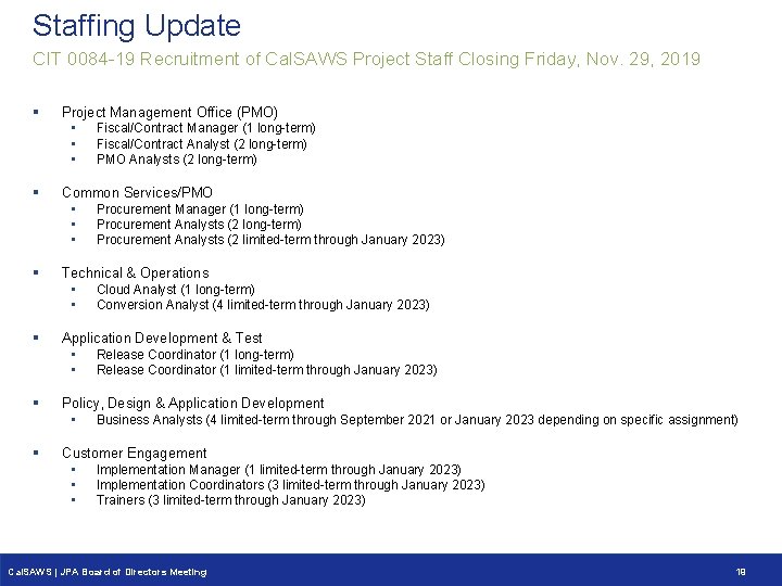 Staffing Update CIT 0084 -19 Recruitment of Cal. SAWS Project Staff Closing Friday, Nov.