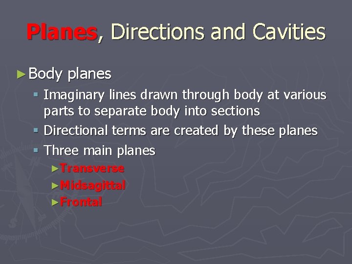 Planes, Directions and Cavities ► Body planes § Imaginary lines drawn through body at