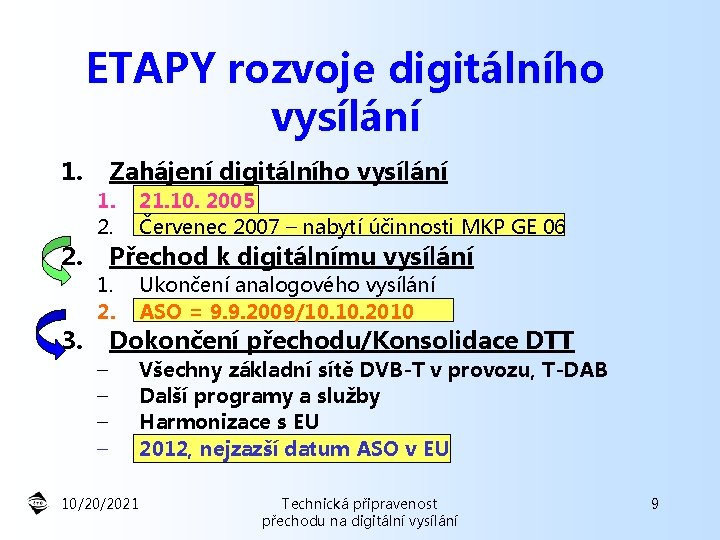 ETAPY rozvoje digitálního vysílání 1. 2. 3. Zahájení digitálního vysílání 1. 2. 21. 10.