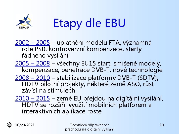 Etapy dle EBU 2002 – 2005 – uplatnění modelů FTA, významná role PSB, kontroverzní
