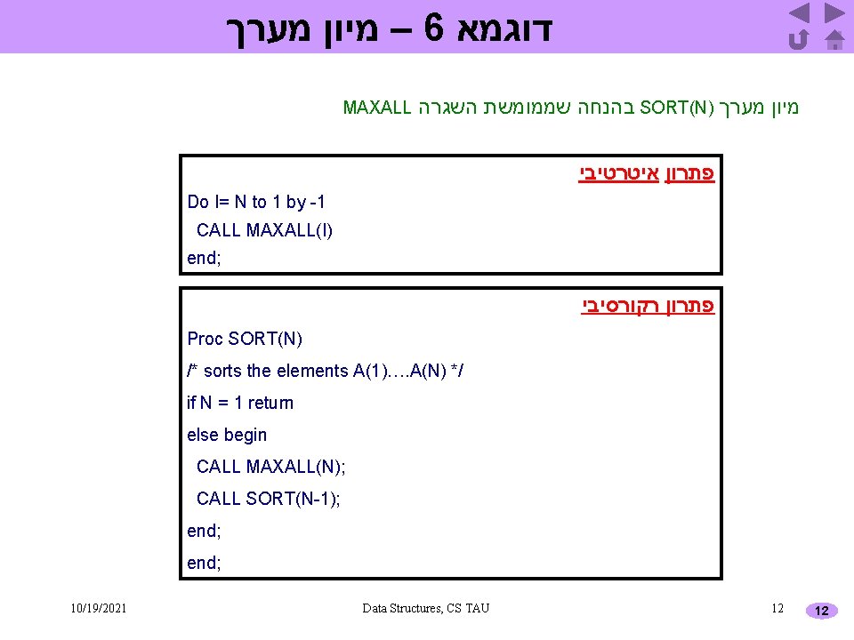  – מיון מערך 6 דוגמא MAXALL בהנחה שממומשת השגרה SORT(N) מיון מערך פתרון