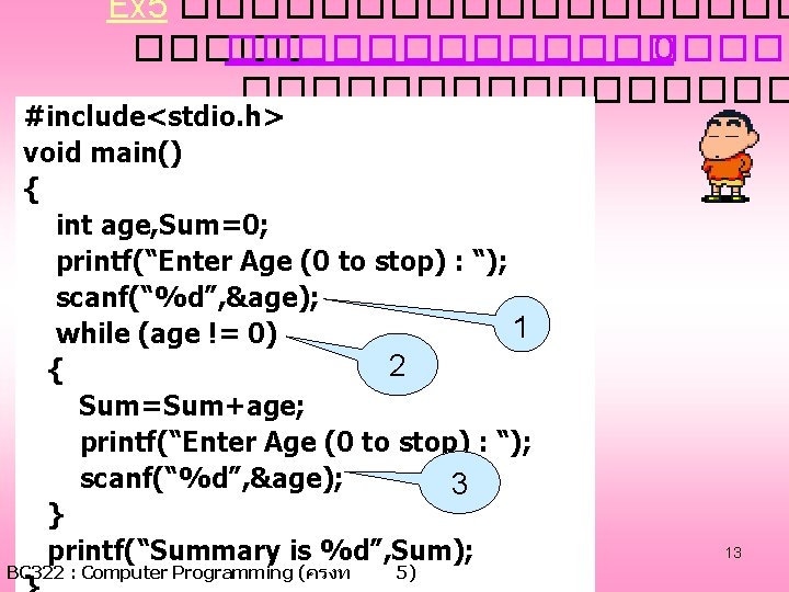 Ex 5 ����������� 0 �������� #include<stdio. h> void main() { int age, Sum=0; printf(“Enter