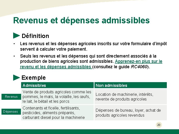 Revenus et dépenses admissibles Définition • Les revenus et les dépenses agricoles inscrits sur