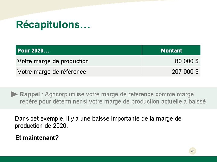 Récapitulons… Pour 2020… Montant Votre marge de production 80 000 $ Votre marge de