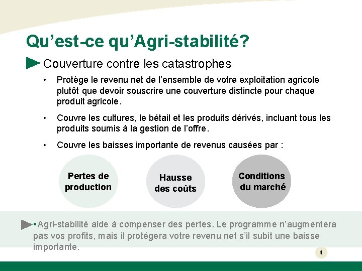 Qu’est-ce qu’Agri-stabilité? Couverture contre les catastrophes • Protège le revenu net de l’ensemble de